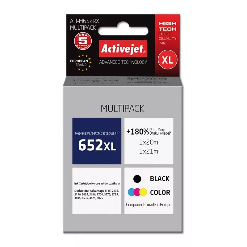 Activejet AH-M652RX tint (asendus HP 652 F6V25AE/F6V24AE; Premium; 1 x 20 ml, 1 x 21 ml; must, värviline)
