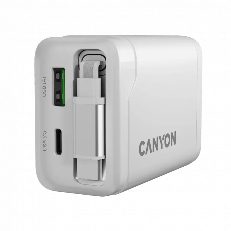 CANYON laadija OnCharge 65RC sisseehitatud USB-C kaabliga 65W, 1x PD, 1x QC, EL pistik, valge