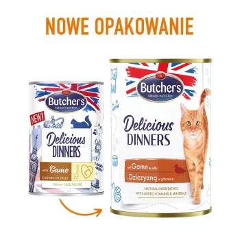 Märg kassitoit Butcher's Delicious Dinners 400 g — Täiskasvanud, ulukimaitse, 82% niiskus, 8,5% valku, 5,5% rasva