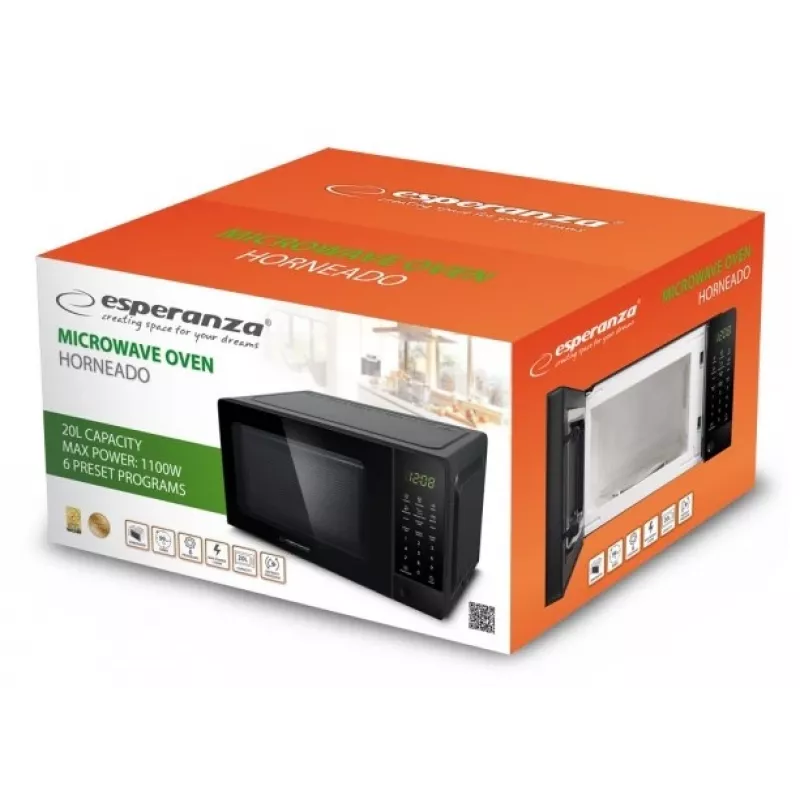 Solo mikrolaineahi ESPERANZA EKO009 — 700 W, 20 L, LED-ekraan, puutetundlikud juhtnupud, 24,5 cm klaasist pöördalus, must