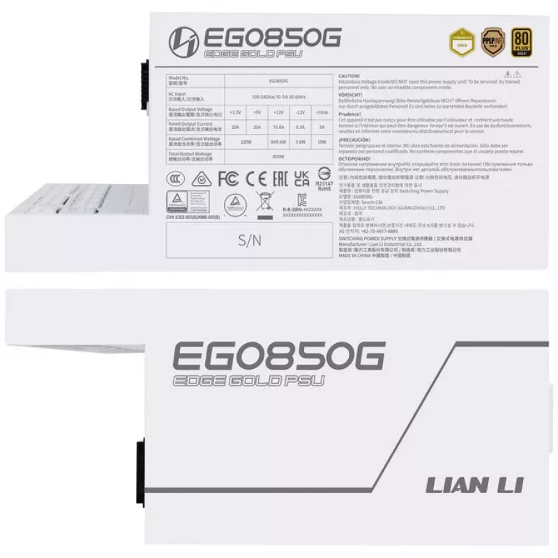 Lian Li EDGE GOLD 850 80 PLUS Gold toiteplokk, PCIe 5.1, ATX 3.1 - 850 vatti, valge