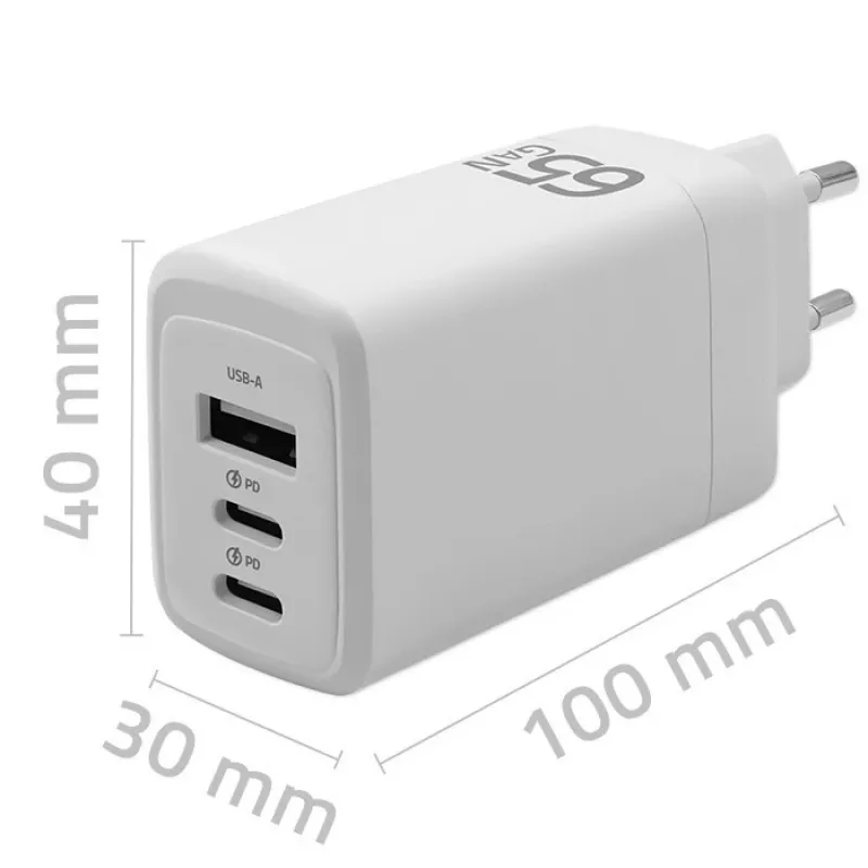 GaN laadija QOLTEC 51822 65W 2×USB A 2×USB‑C