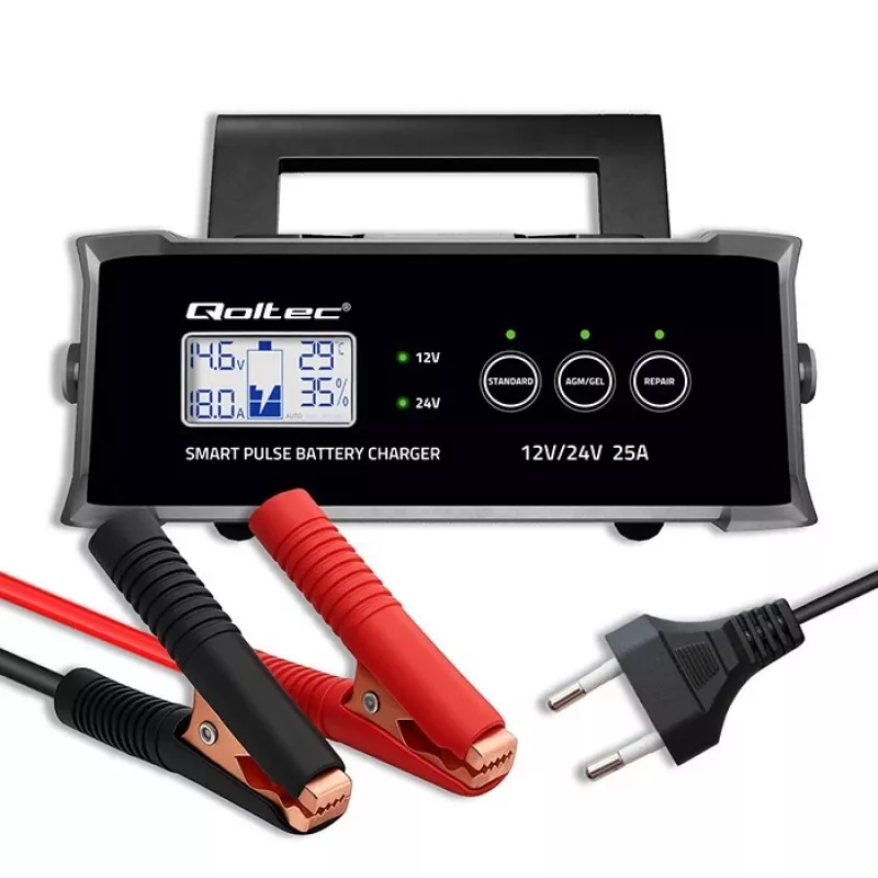 Akulaadija QOLTEC 52514 — 12V/24V, 25A, AGM/GEL/SLA akudele, LCD-ekraaniga