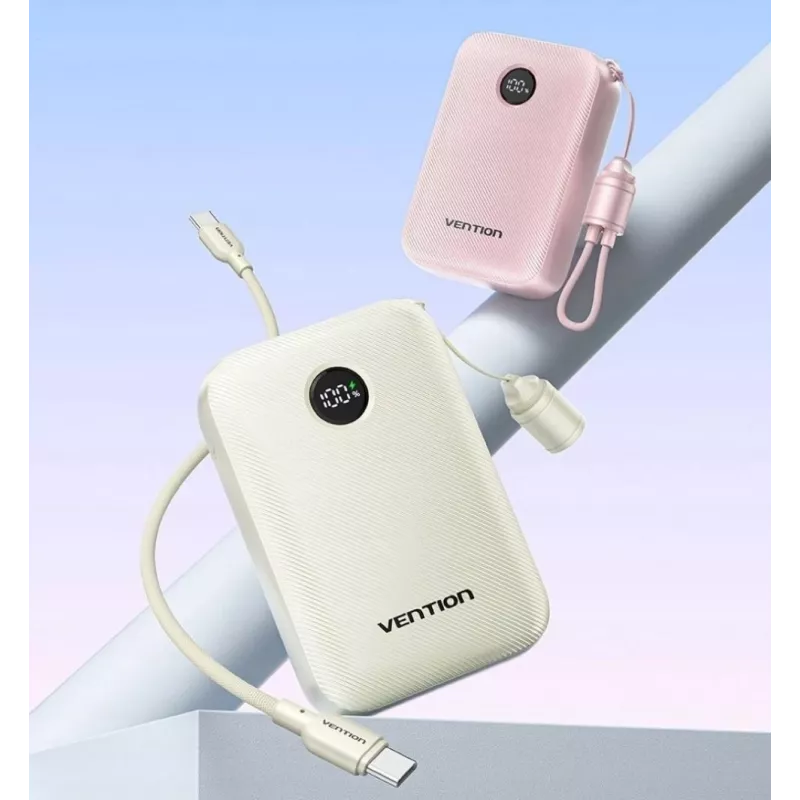 Akupank Vention 20000mAh 22,5W — 2× USB‑C, 1× USB‑A, beež