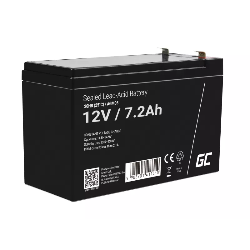 UPS-aku roheline Cell AGM05 — 12 V 7,2 Ah suletud pliiaku (VRLA), 95 mm K, 151×65 mm, 2,15 kg