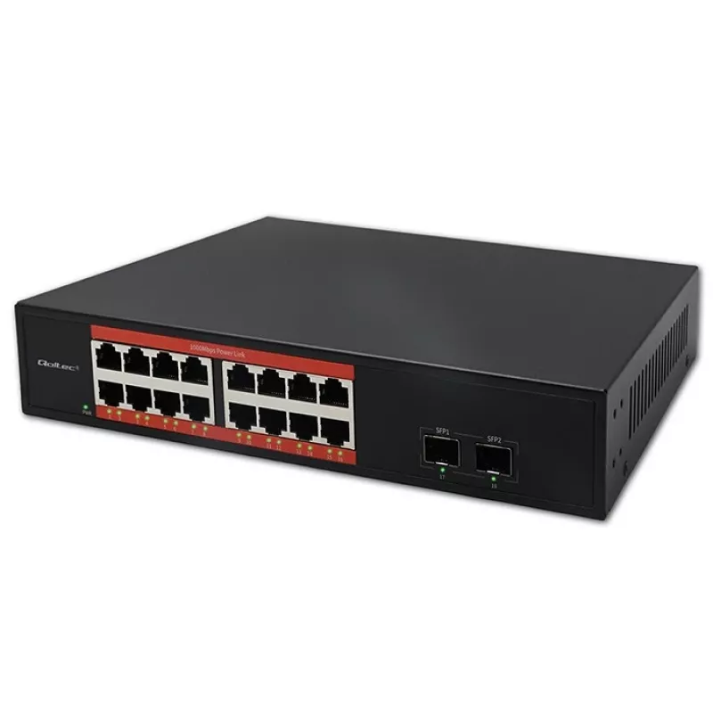 Võrgukommutaator QOLTEC 52364 — Gigabit Ethernet PoE 16xRJ45, 2xSFP