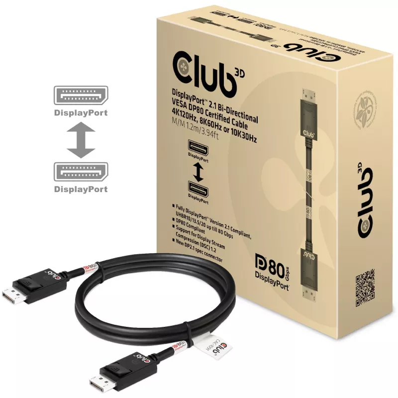 CLUB3D DisplayPort 2.1 Bi-Directional VESA DP80 Certified kaabel 4K240Hz, 8K60Hz or 10K30Hz M/M 1.2m/3.94ft