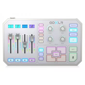 USB helimikser TC‑Helicon GO XLR‑WH valge — 1 XLR mikrosisend, USB‑B, 48 V fantoomtoide, 24‑bit/48 kHz, optiline väljund