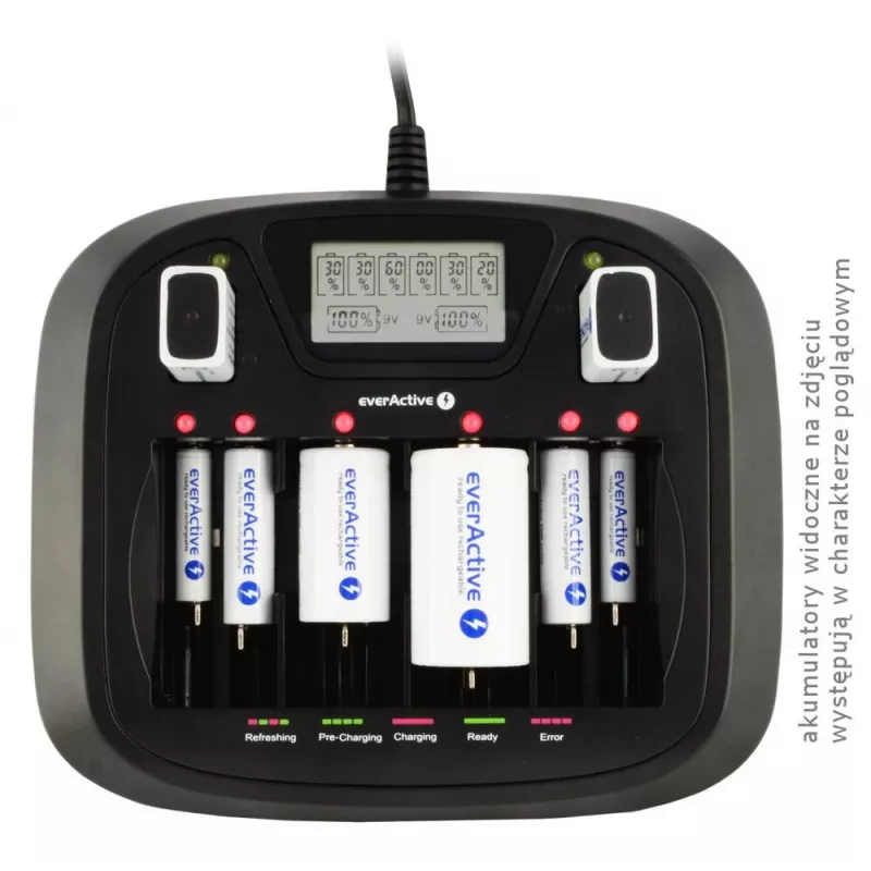 Akulaadija everActive NC-900U Universal DC — laeb AA, AAA, C, D, 9V, kuni 6 elementi, must