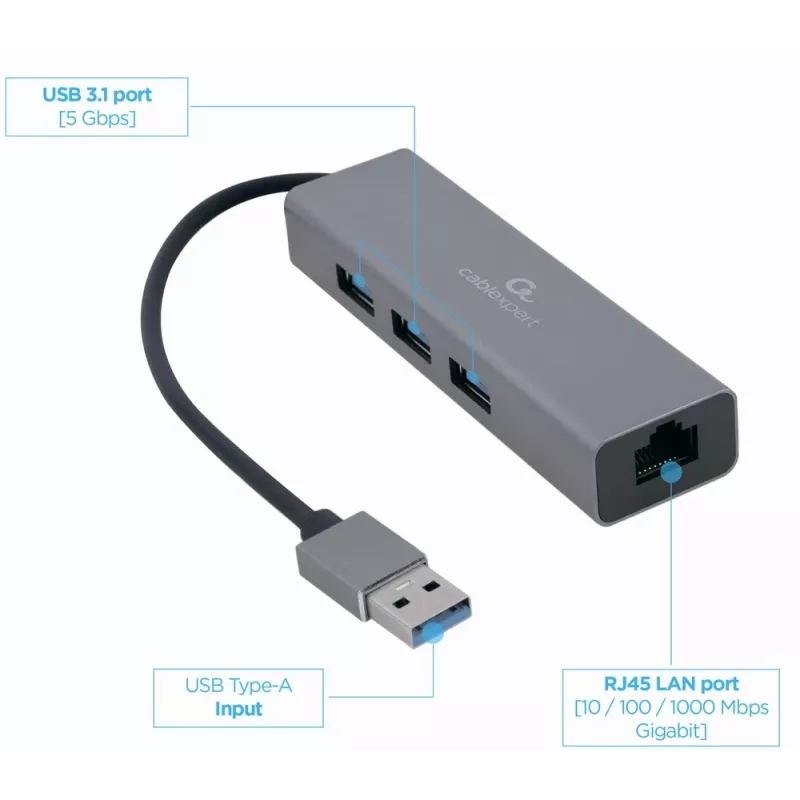Gembird A-AMU3-LAN-01 USB-A Gigabit LAN-adapter 3-pordilise USB 3.0 jaoturiga, must