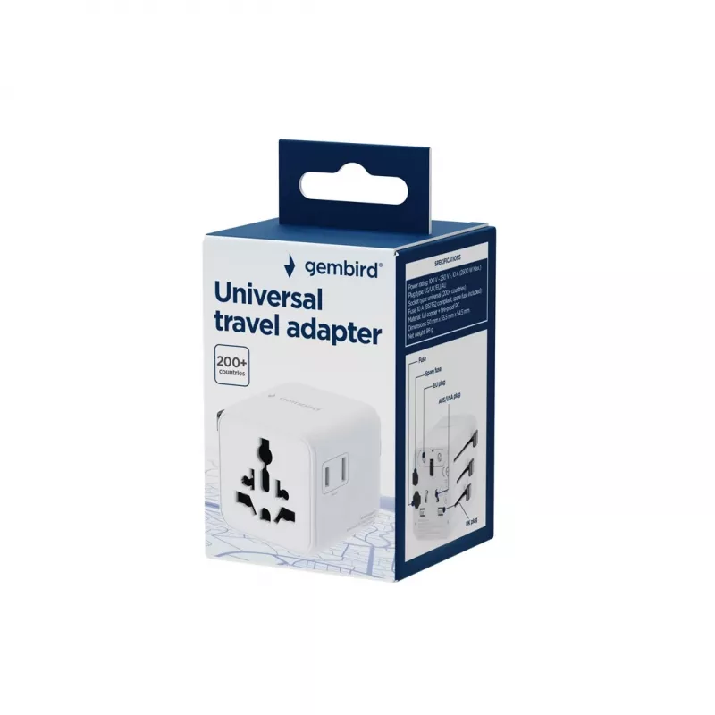 Universaalne reisiadapter GEMBIRD TPA-INT-01-W — sisend 100–250 V, G-tüüpi pistik, kompaktsed mõõtmed 84×56×85 mm