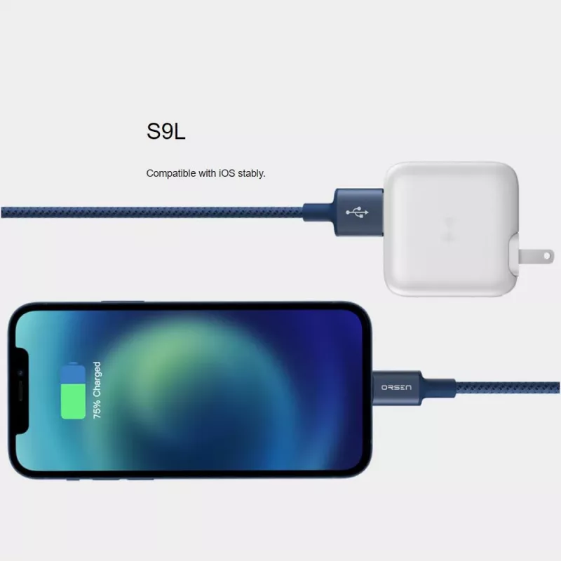 USB-A – Lightningi kaabel Orsen S9L 1 m 2,1 A – must