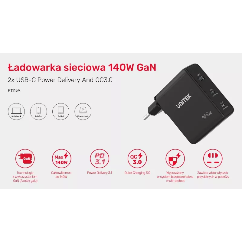 UNITEK P1115A mobiilseadme laadija Must
