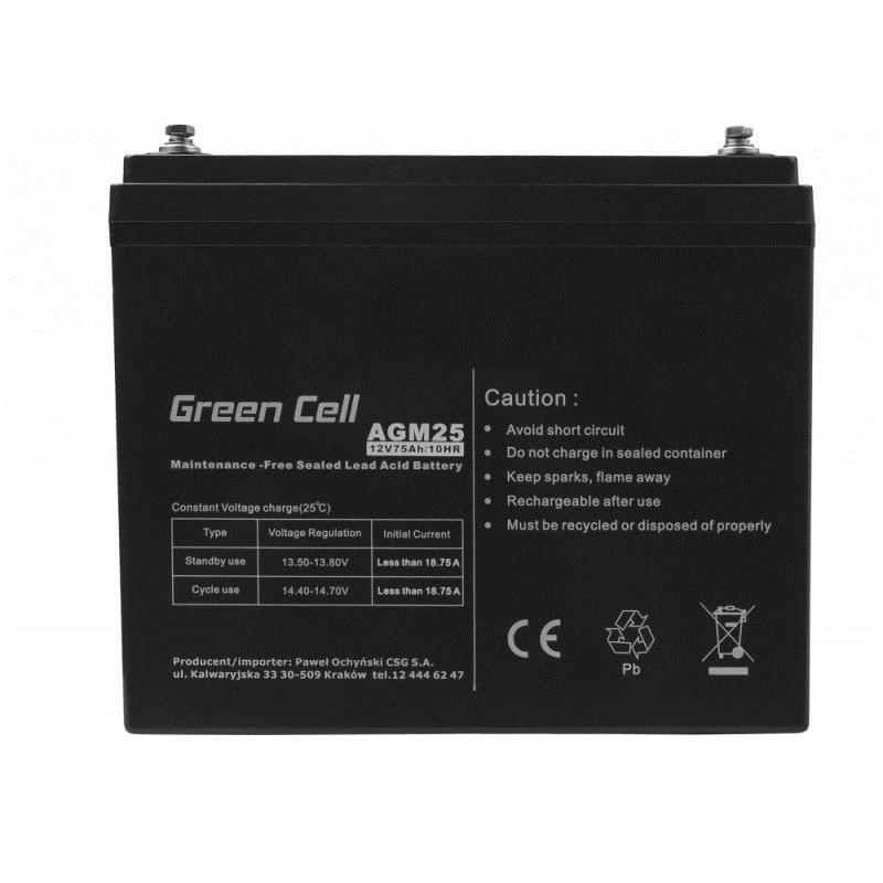 Suletud pliiaku UPS-aku roheline Cell AGM25 12 V 75 Ah, VRLA, 75 Ah, 12 V, 21,3 kg