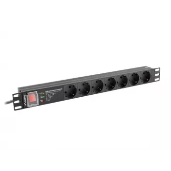 Toitejaotusseade LANBERG PDU-PRO-07F-0200-BK — 1U rack PDU, 7 Type F pistikupesa, 16 A, 2 m kaabel, must