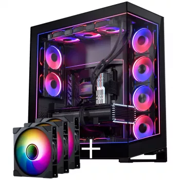 PHANTEKS NV Series NV7 E-ATX-korpus, karastatud klaas, ARGB - must & M25 Gen2 PWM D-RGB ventilaatori 3-ne pakk - pööratud labadega, 140mm + DRGB komplekt