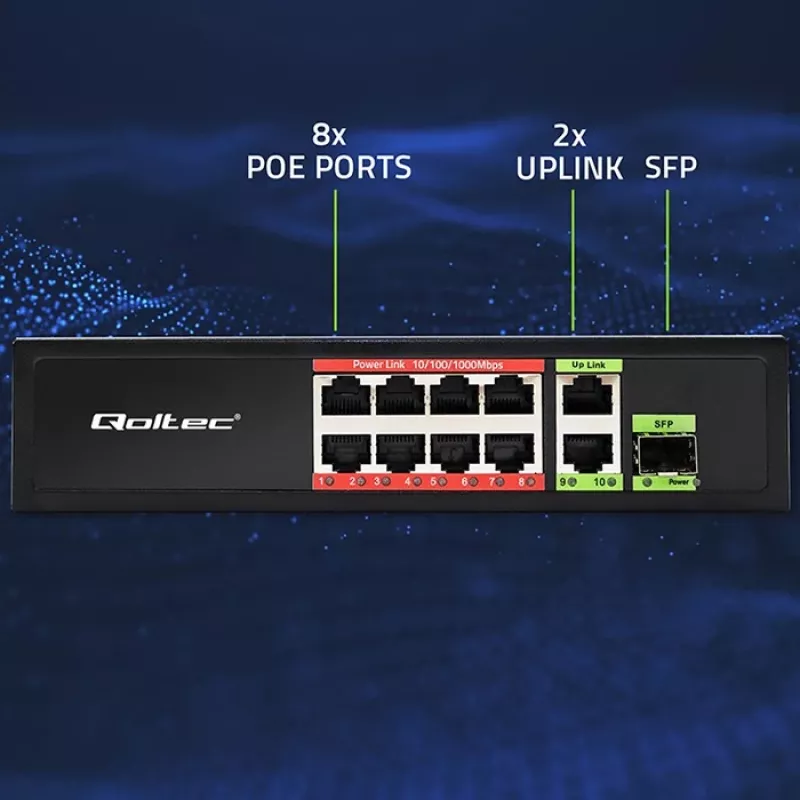 Etherneti kommutaator QOLTEC 52297 PoE RJ45 koos PoE üleslingi ja SFP-pordiga