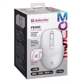 Juhtmevaba hiir DEFENDER 52297 Silent Click — mõlemakäeline, 2,4 GHz nano USB, 1600 DPI, valge