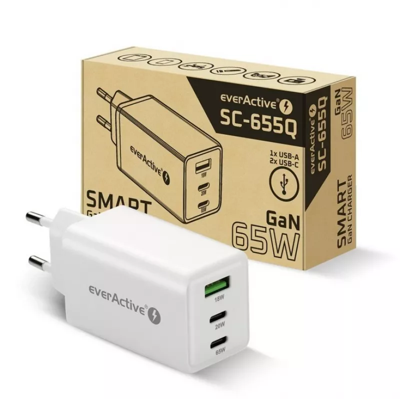 Toiteadapter everActive SQ-655Q 65W, 1×USB-A + 2×USB-C kiirlaadimine
