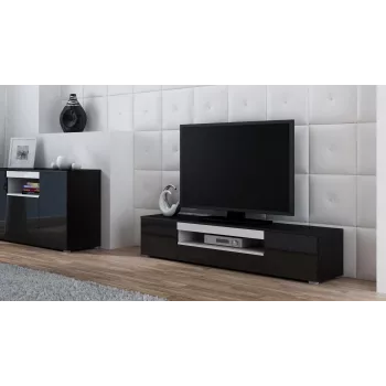 TV-alus cama meble VIVA 180 — 1800×400×370 mm, must pealispind (puitlaastplaat), must raam, valged aktsendid
