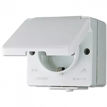 Pistikupesa tüüp F Jung 620 W — 16 A, 250 V, duroplastkorpus, valge, kõrgus 47 mm