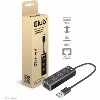 USB jaotur CLUB3D USB 3.2 Gen1 Type-A 3 pordiga ja Gigabit Ethernetiga