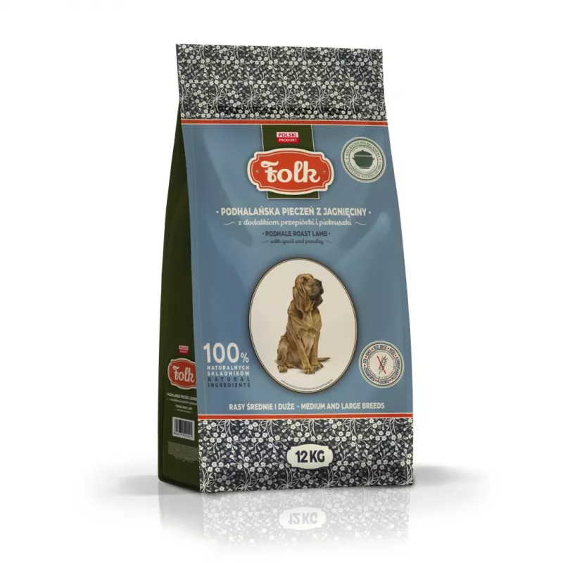 FOLK Keskmistele ja suurtele tõugudele Podhale stiilis lambapraad vuti ja peterselliga - kuiv koeratoit - 12 kg