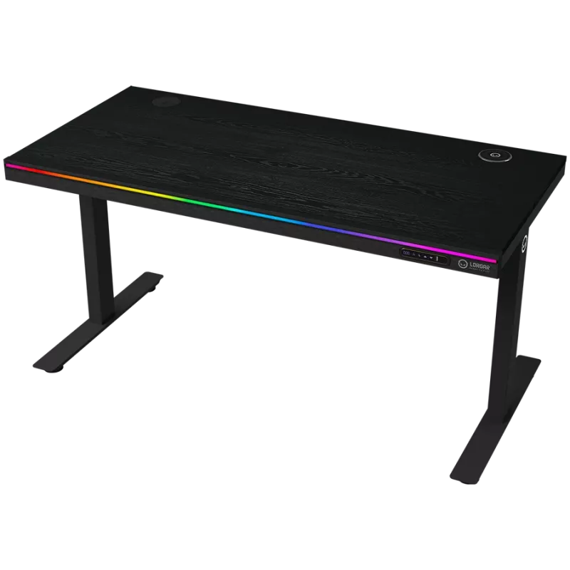Kahemootoriga istuv/seisev reguleeritava kõrgusega mängulaud traadita laadija, RGB-valgustuse, juhtpaneeli ja USB-portidega, PB melamiinpinnaga lauaplaat, must.