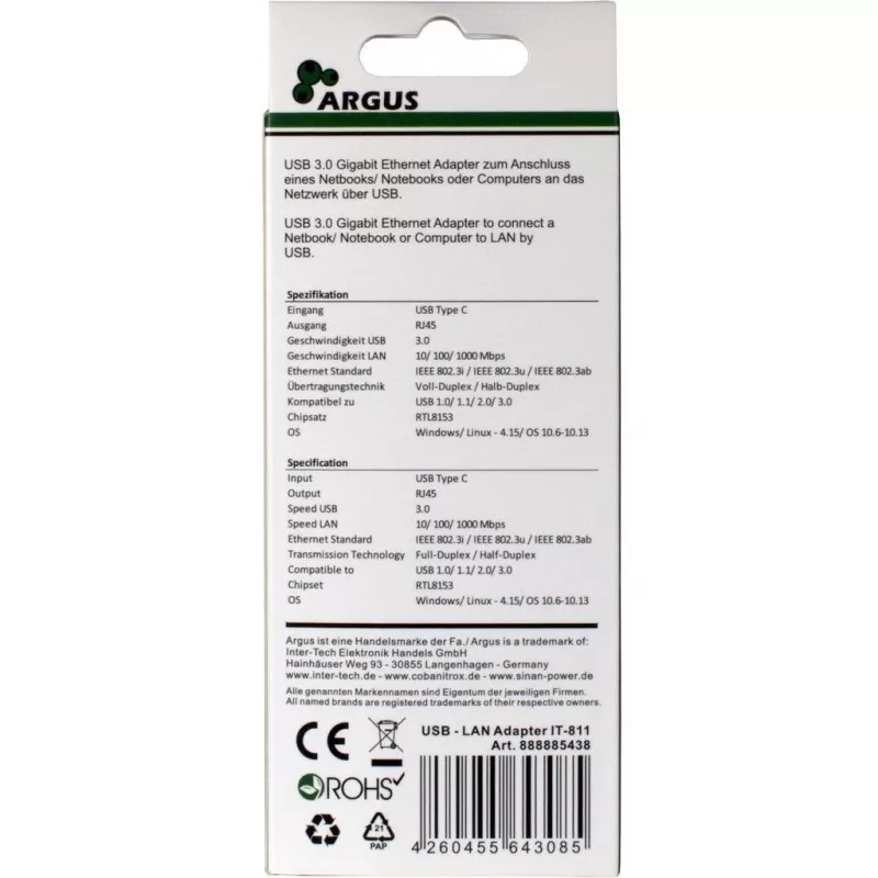 Inter-Tech Argus IT-811 - võrguadapter - USB-C - Gigabit Ethernet - must (88885438)