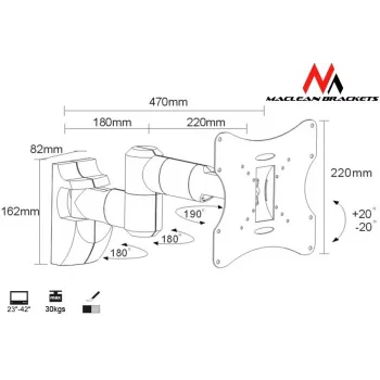 Seinakinnitus MACLEAN MC-503A S ekraanidele 23 tolli kuni 42 tolli, kallutatav ±20°, VESA 75×75–200×200, 30 kg, hõbedane