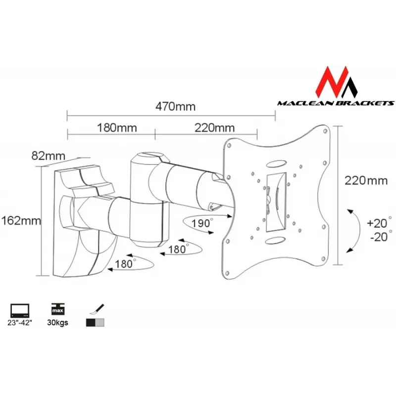 Seinakinnitus MACLEAN MC-503A S ekraanidele 23 tolli kuni 42 tolli, kallutatav ±20°, VESA 75×75–200×200, 30 kg, hõbedane