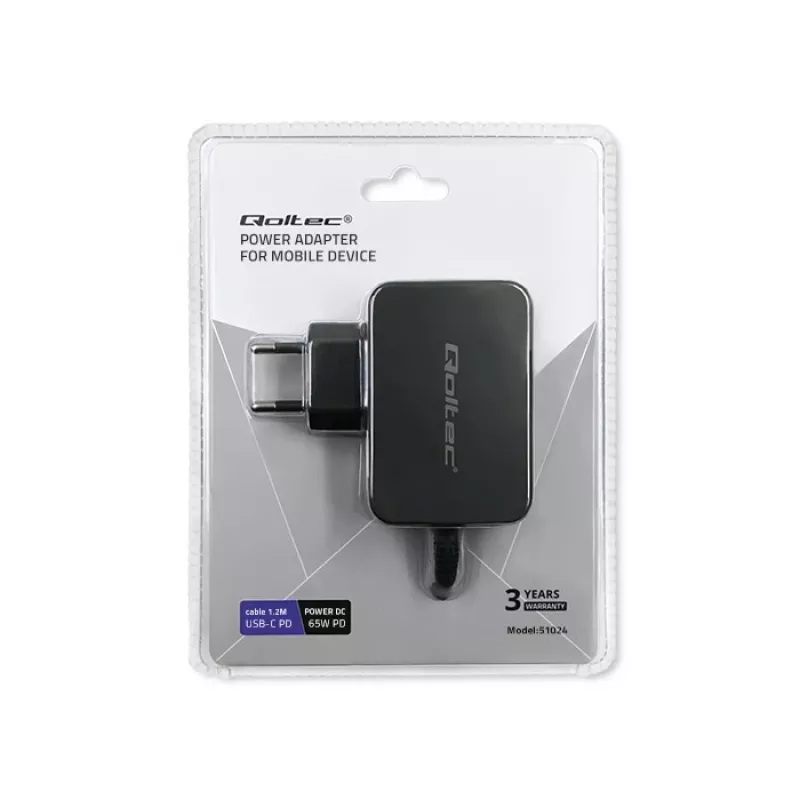 Mobiilseadme laadija QOLTEC 51024 — Universaalne vahelduvvoolu siselaadija, 65W PD, 20V/3,25A, 1,2m kaabel, must