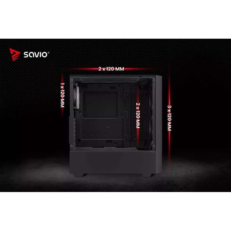 Arvutikorpus SAVIO Noctis Flow RGB — Kuubik, ATX/Mini-ITX, 3x 120 mm esiventilaatorit, karastatud klaasist külg, max GPU 35 cm