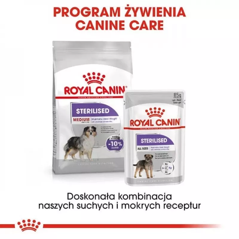 Kuiv koeratoit Royal Canin Medium Sterilised Adult 12 kg — steriliseeritud keskmise tõu täiskasvanud koertele, linnuliha, valk 28%, rasv 13%
