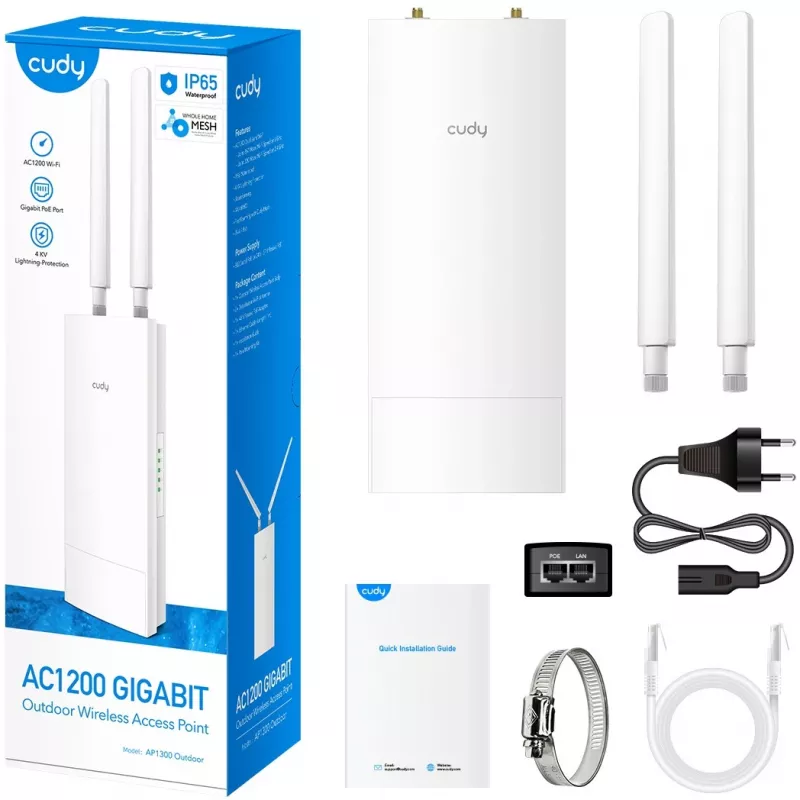 Pääsupunkt Cudy AP1300 Outdoor — kaheribaline 2,4/5 GHz, 300/867 Mbit/s, IP65, PoE, 2 välist RP‑SMA antenni