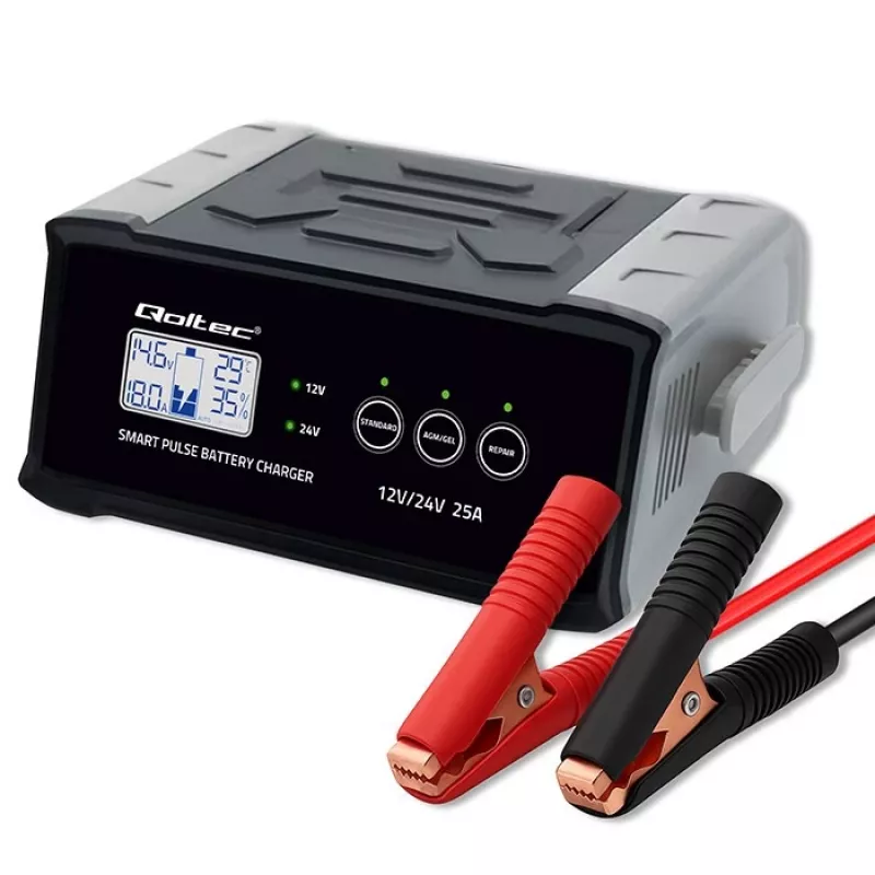 Akulaadija QOLTEC 52514 — 12V/24V, 25A, AGM/GEL/SLA akudele, LCD-ekraaniga