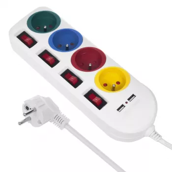 Pistikupesariba MACLEAN MCE229W — 4 pesa, 2× USB, 1,5 m kaabel, tüüp F, 10 A, valge