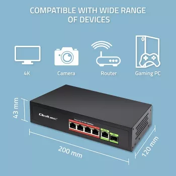 Ethernet PoE-lüliti QOLTEC 52296 — 4x RJ45 PoE-porti, 1x RJ45 üleslink