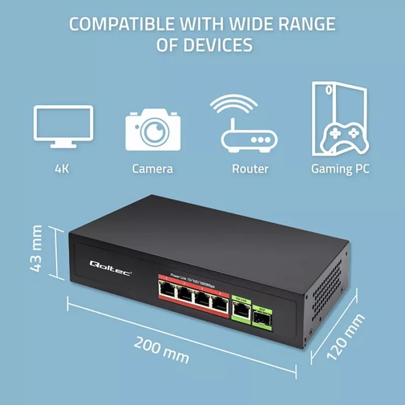Ethernet PoE-lüliti QOLTEC 52296 — 4x RJ45 PoE-porti, 1x RJ45 üleslink