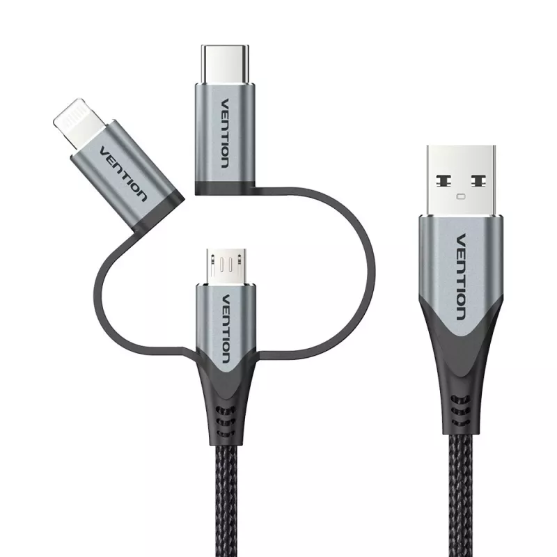 Vention USB 2.0 A isane 3-in-1 Micro-B&USB-C&Lightning isasele kaablile 1M Hall alumiiniumsulamist tüüp
