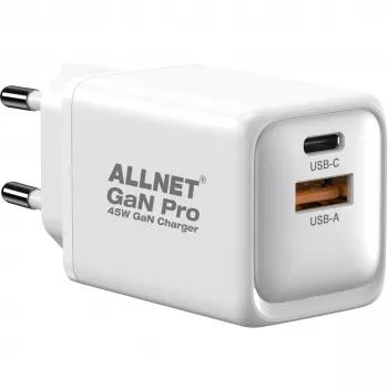 Toiteadapter ALLNET PSU-GaNPD-USB-1A1C-45W USB-C PD ja USB-A QC 45W GaN laadija