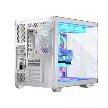 PC korpus MODECOM Volcano Panorama Midi Tower valge — micro ATX, karastatud klaas, ARGB, USB-C, toetab GPU-d 400 mm