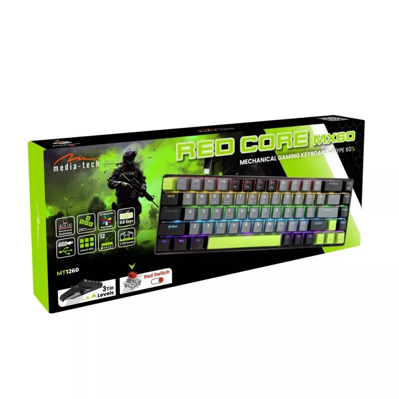Mehaaniline klaviatuur MEDIA-TECH MT1260 Red Core MX60, 60% vormitegur, CHERRY MX Red lülitid, RGB taustvalgustus, USB, roheline