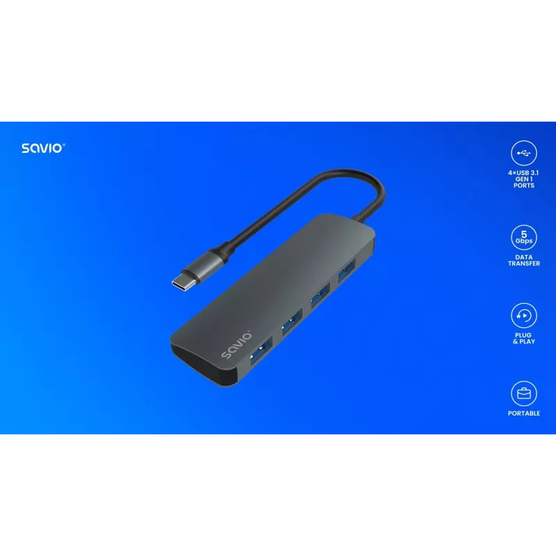 USB-jaotur SAVIO AK-54 — 4 x USB-A (USB 3.2 Gen 1), USB-C host, must