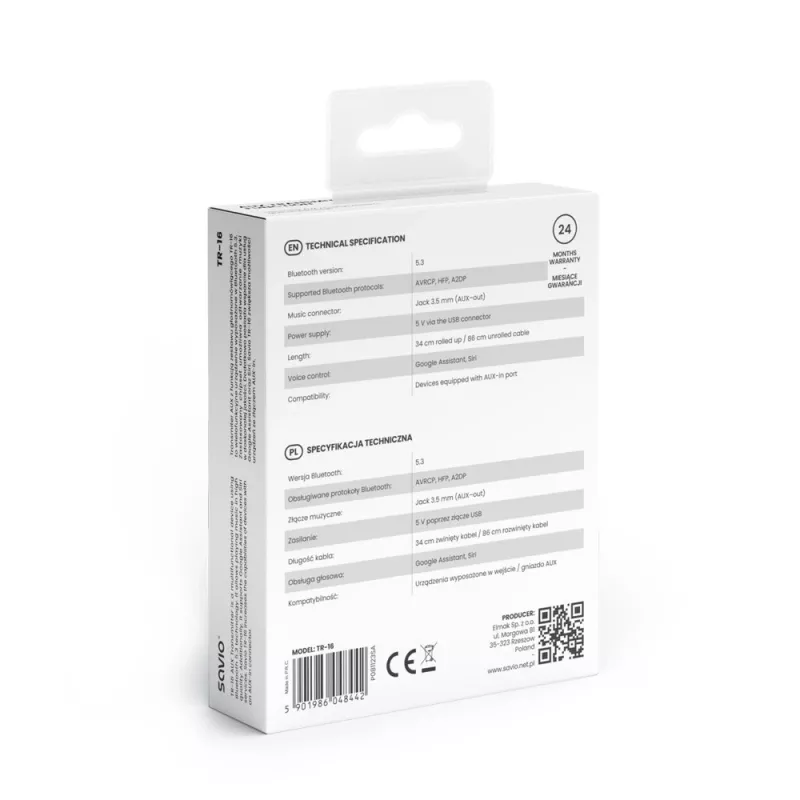 Savio TR-16 saatja AUX-adapter käed-vabad funktsiooniga, Bluetooth 5.3, Google Assistant/Siri