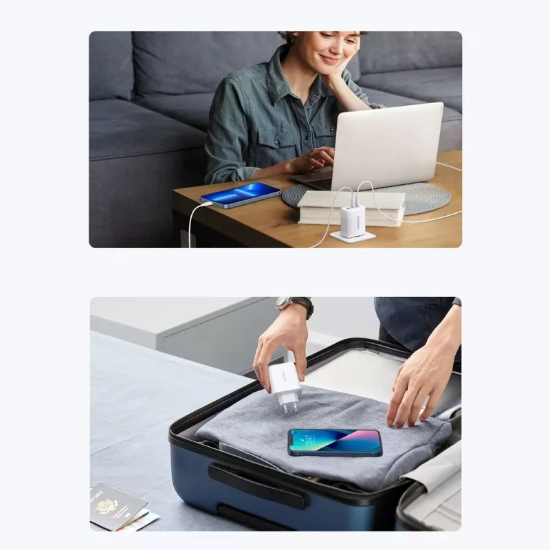 Seinalaadija UGREEN CD275 2× USB USB-C 65W valge — kahe USB-C 65W kiirlaadimine, 100–240 V sisend