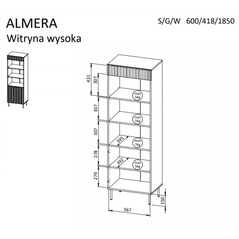 Cama 3 ALMERA Raamaturiiul 60x42x185 pähkel/kašmiir
