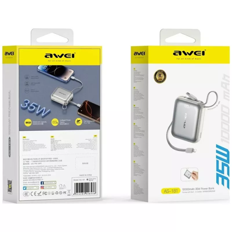 Akupank Awei AS-181 10000mAh 35W sisseehitatud kaabliga