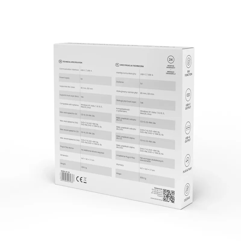SAVIO AK-59 Väline saleda disainiga CD/DVD-salvesti R/RW - USB-C/USB-A, must