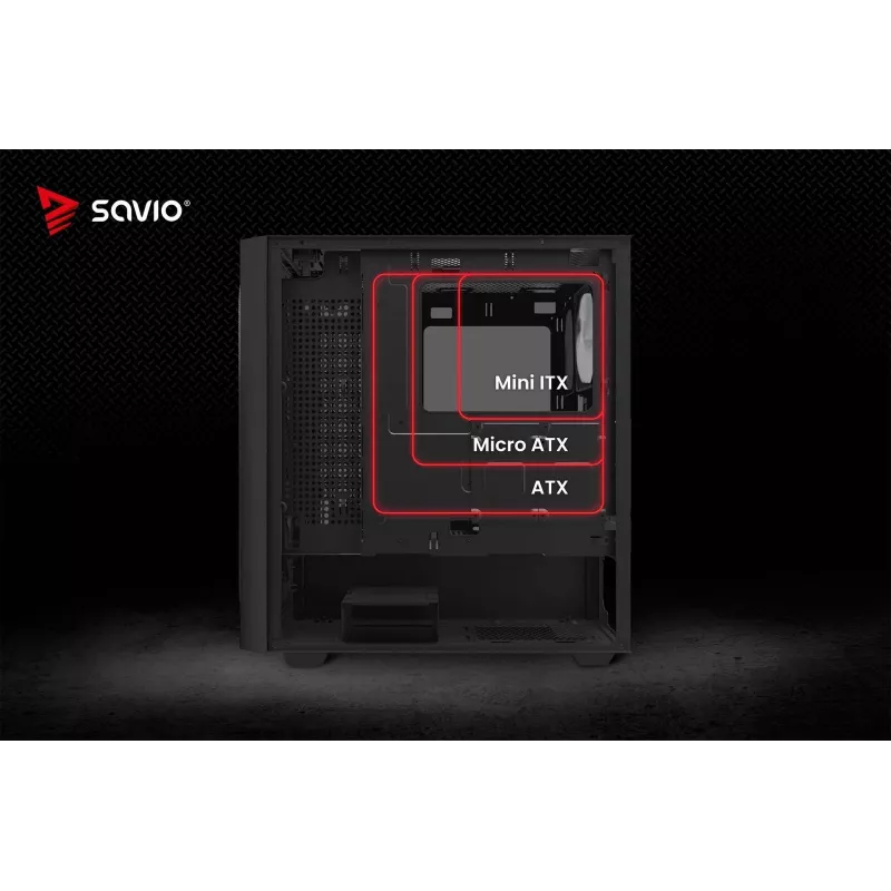 Arvutikorpus SAVIO Noctis Flow RGB — Kuubik, ATX/Mini-ITX, 3x 120 mm esiventilaatorit, karastatud klaasist külg, max GPU 35 cm
